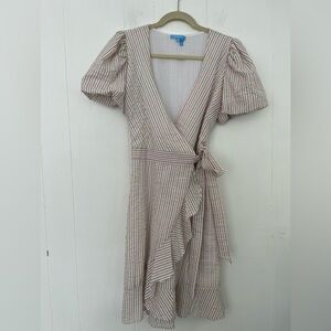 Draper James RSVP White Pink&Green Seersucker Striped Puff Sleeve Wrap Dress Med